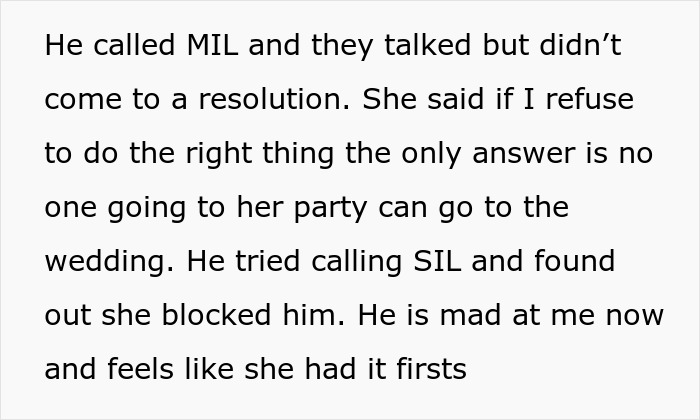 The MIL's party and the wedding are now in conflict due to the ongoing wedding dress argument, stressing the groom. The MIL's party and the wedding are now in conflict due to the ongoing wedding dress argument, stressing the groom.