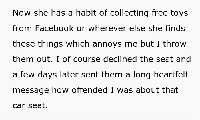 Text about declining a car seat gift from in-laws who collect free items annoyingly