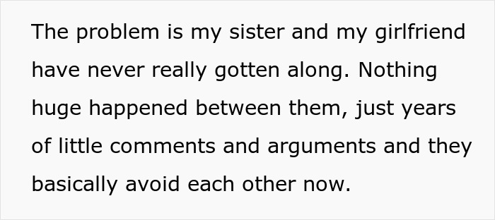 Screenshot of text detailing the ongoing conflict between a sister and her sibling's girlfriend. Screenshot of text detailing the ongoing conflict between a sister and her sibling's girlfriend.