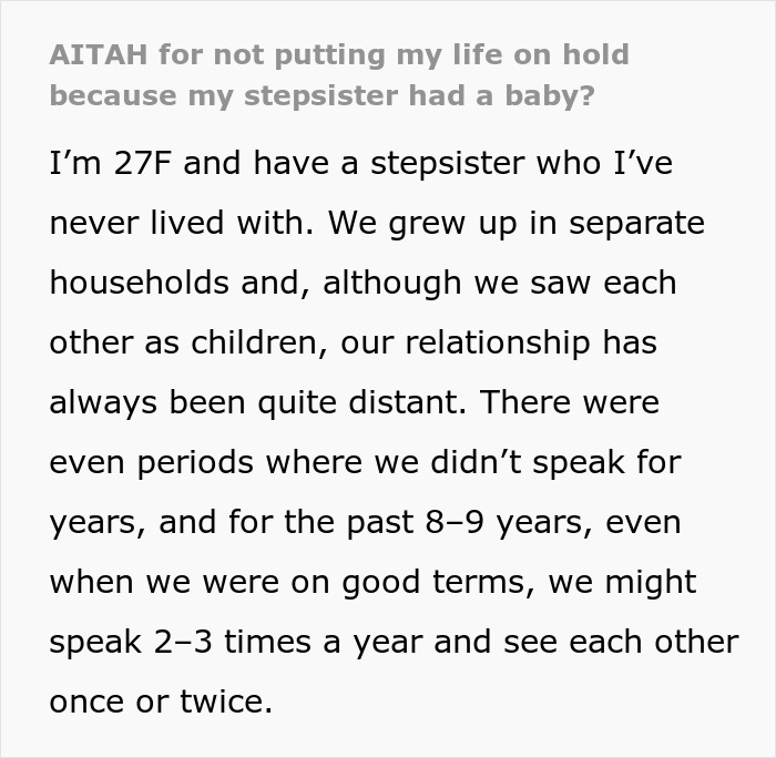 Screenshot of an online post titled AITAH for not putting my life on hold because my stepsister had a baby?