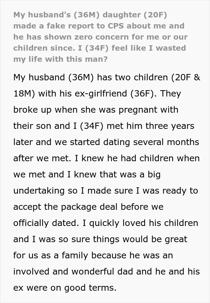 A Reddit post about a husband's 20YO daughter making a fake CPS report against her stepmom