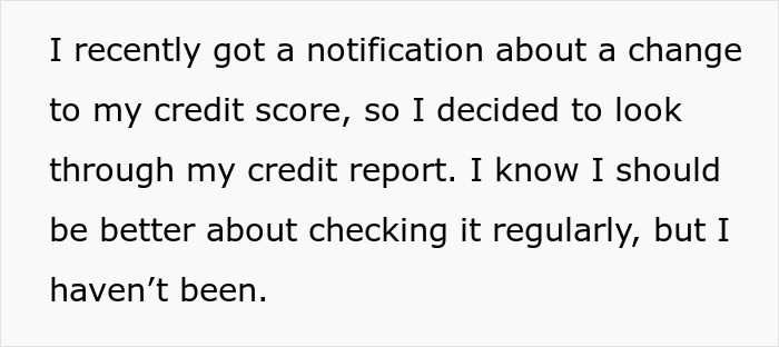 Screenshot of a forum post explaining a wife found changes to her credit score, prompting her to check her credit report.