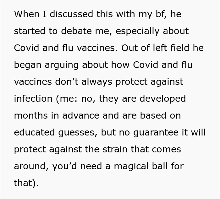 Text post detailing an argument with a bf who tries to argue against vaccines, focusing on Covid and flu shots. Text post detailing an argument with a bf who tries to argue against vaccines, focusing on Covid and flu shots.