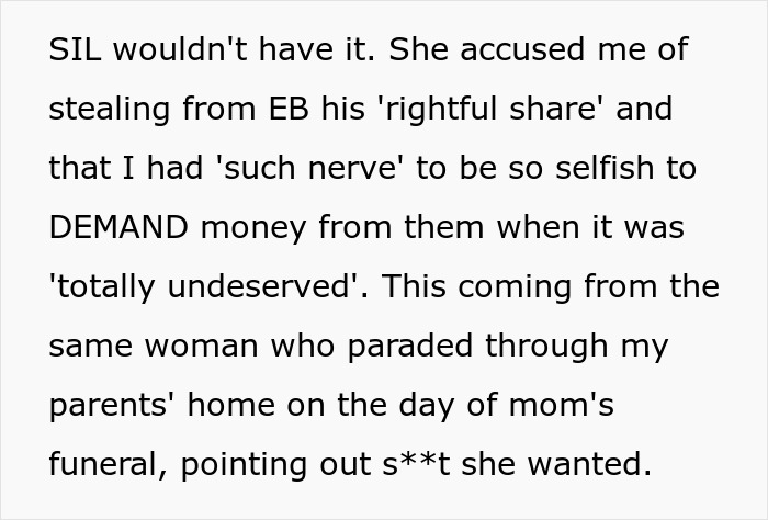Text snippet about SIL blaming a woman for not bailing out her bro and squandering inheritance. Text snippet about SIL blaming a woman for not bailing out her bro and squandering inheritance.