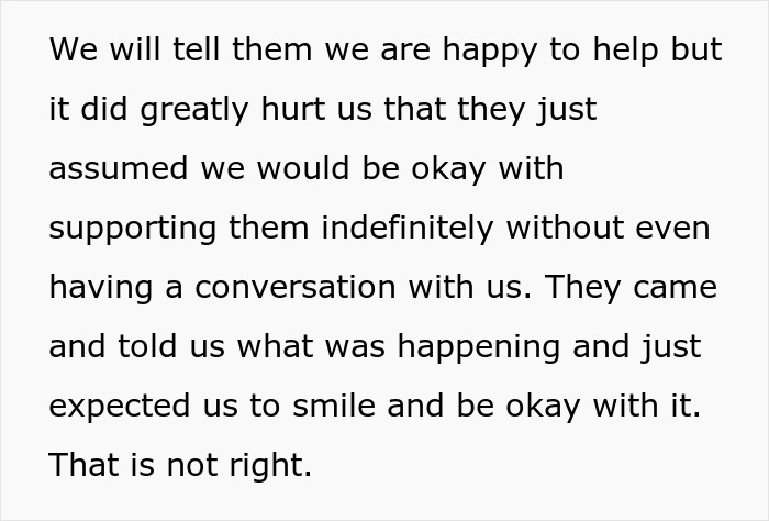 A screenshot of text expressing hurt over assumptions regarding free housing and support from parents.