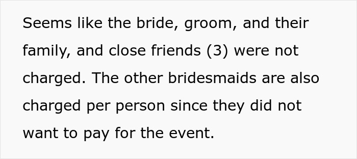Text indicating some guests were not charged for the bridal shower, while others were, per person.