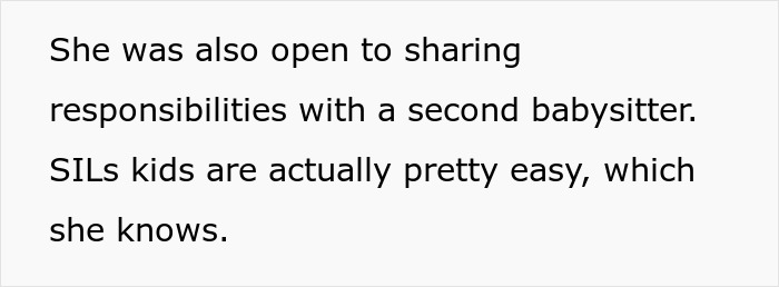 Text about a nanny willing to share responsibilities with a second babysitter on vacation, mentioning SIL's kids. Text about a nanny willing to share responsibilities with a second babysitter on vacation, mentioning SIL's kids.