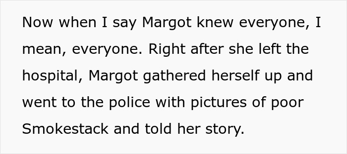Text about Margot going to the police with pictures of her cat after a dog attack. Text about Margot going to the police with pictures of her cat after a dog attack.
