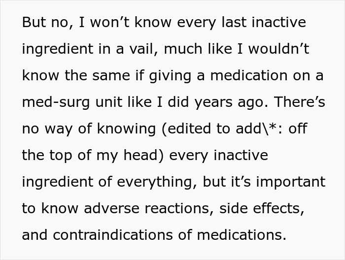 Text post discussing a nurse's response to a boyfriend who wants to argue against vaccines using ingredient trivia. Text post discussing a nurse's response to a boyfriend who wants to argue against vaccines using ingredient trivia.