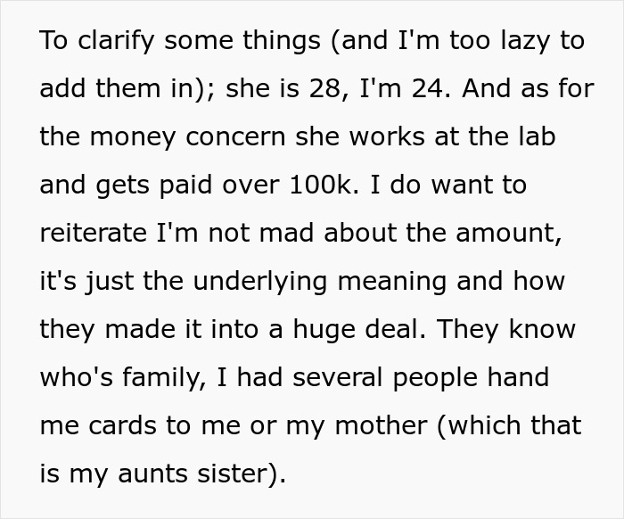 A screenshot detailing facts about the cousin involved in the wedding drama and the used gift cards.