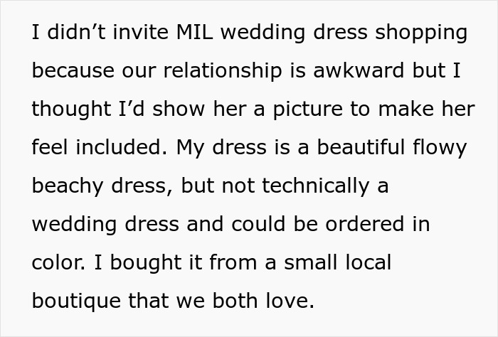 Screenshot detailing the bride's wedding dress choice and MIL's reaction. Screenshot detailing the bride's wedding dress choice and MIL's reaction.