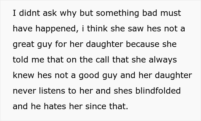 Text snippet explaining a family conflict and a mother-in-law warning about her daughter's husband. Text snippet explaining a family conflict and a mother-in-law warning about her daughter's husband.
