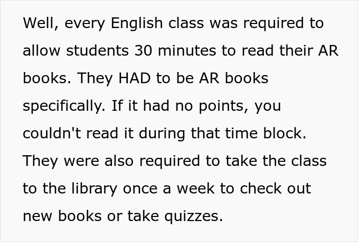 Screenshot of text detailing requirements for students reading AR books in English class. Screenshot of text detailing requirements for students reading AR books in English class.