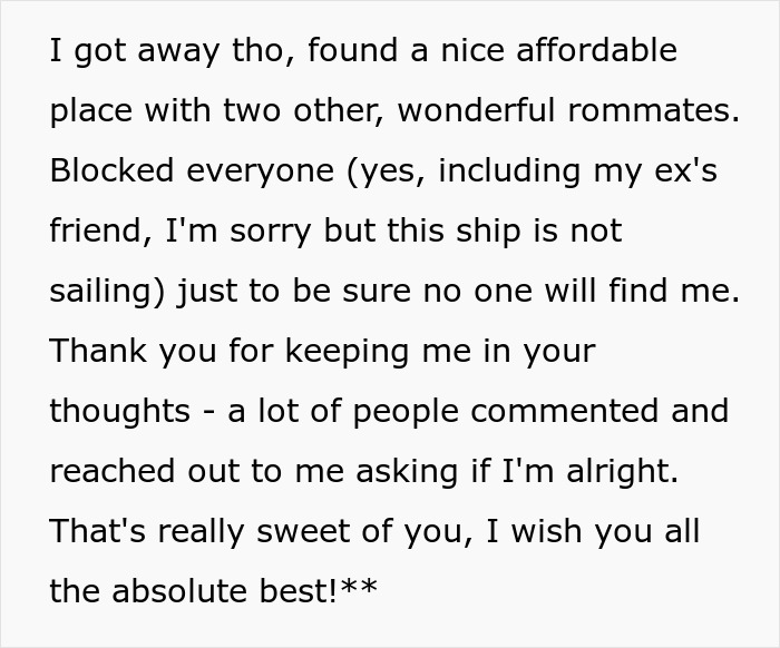 Further update text: GF found new place, blocked ex and friends, and thanks commenters for support. Further update text: GF found new place, blocked ex and friends, and thanks commenters for support.