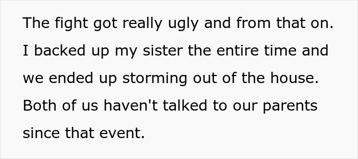A screenshot of text about a sister backing up her sibling, storming out after a fight about a grandchild. A screenshot of text about a sister backing up her sibling, storming out after a fight about a grandchild.