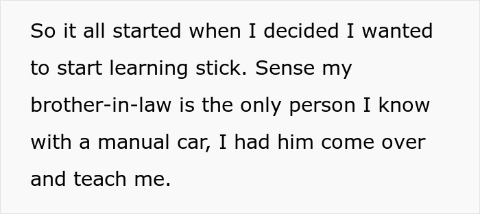 Text describing learning to drive a stick shift with a brother-in-law; a dumb Karen loses a lawsuit about a keyed car.