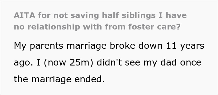 Screenshot of a Reddit post: AITA for not saving half-siblings I have no relationship with from foster care?