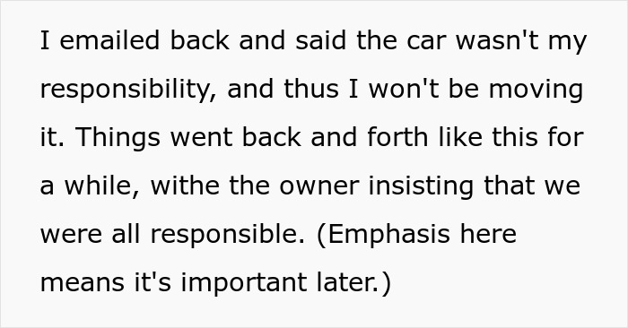 Text about a tenant insisting the car isn't their responsibility in the landlord deposit dispute. Text about a tenant insisting the car isn't their responsibility in the landlord deposit dispute.