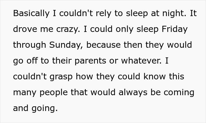 A screenshot of text describing a neighbor unable to sleep due to loud parties from students turning their home into a bar. A screenshot of text describing a neighbor unable to sleep due to loud parties from students turning their home into a bar.