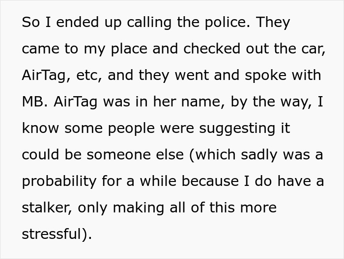 An online post from a nanny explaining that she called the police after finding an AirTag on her car
