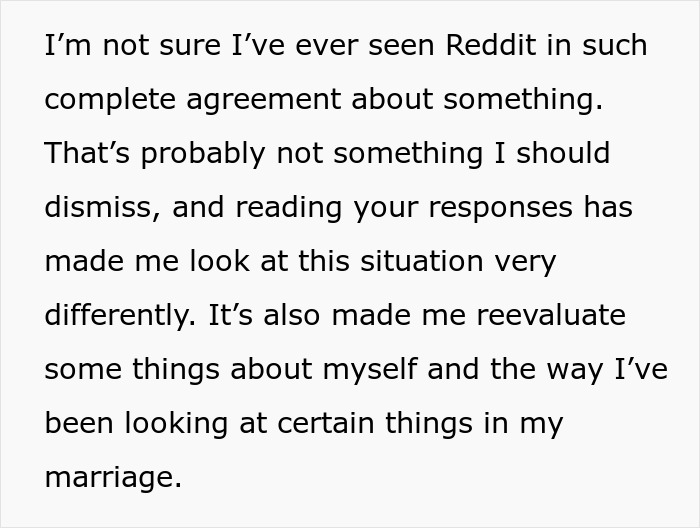 A screenshot showing text about a wife separating finances from her husband due to his spending, and discovering misuse of her information.