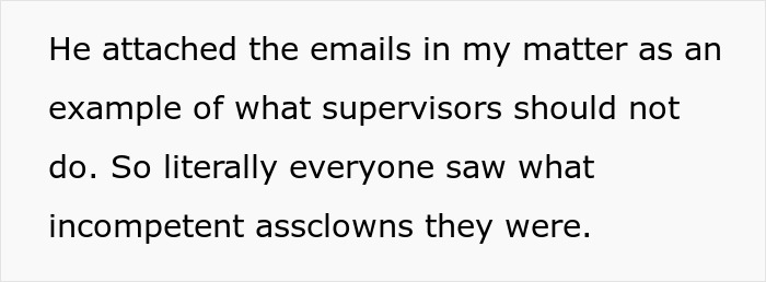 Text snippet describing how supervisors emails were used as an example of what they should not do, making them look bad. Text snippet describing how supervisors emails were used as an example of what they should not do, making them look bad.