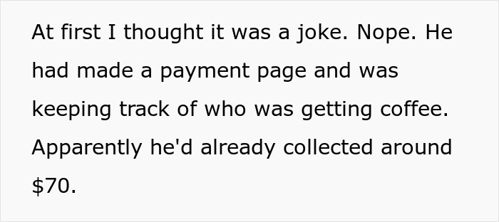 Text post explaining how a coworker made a payment page to track and charge people for using the coffee machine.