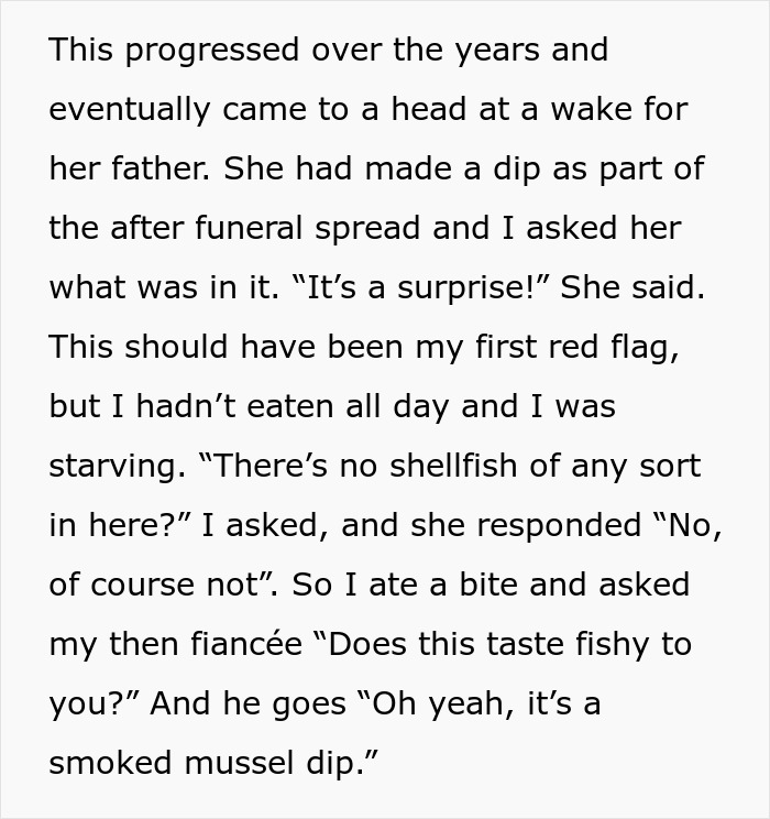 Screenshot of text describing an incident where a MIL hid shellfish in food, showing the dangerous implications of a fake shellfish allergy. Screenshot of text describing an incident where a MIL hid shellfish in food, showing the dangerous implications of a fake shellfish allergy.