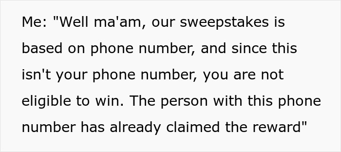 Screenshot of text about phone numbers and sweepstakes eligibility. Explaining the petty revenge. Screenshot of text about phone numbers and sweepstakes eligibility. Explaining the petty revenge.