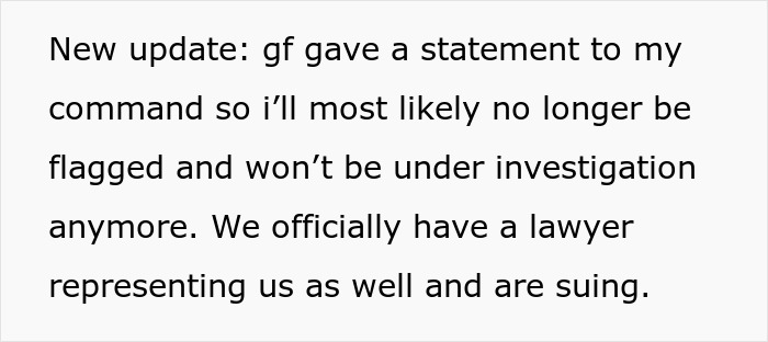 Text update: daughter's boyfriend's reputation and investigation status. Lawyer representing and suing parents. Text update: daughter's boyfriend's reputation and investigation status. Lawyer representing and suing parents.