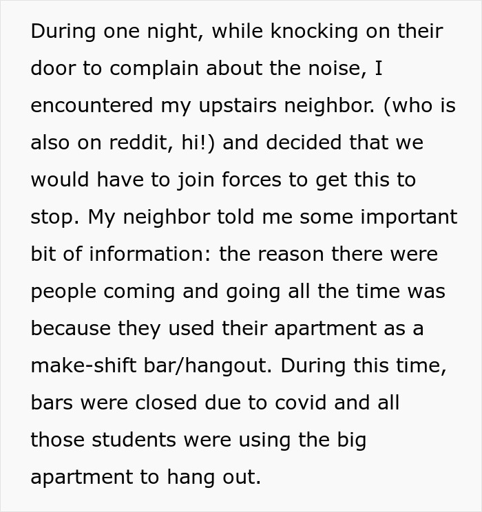 A screenshot of text describing a fed-up neighbor discovering students turning their home into a bar with loud parties. A screenshot of text describing a fed-up neighbor discovering students turning their home into a bar with loud parties.