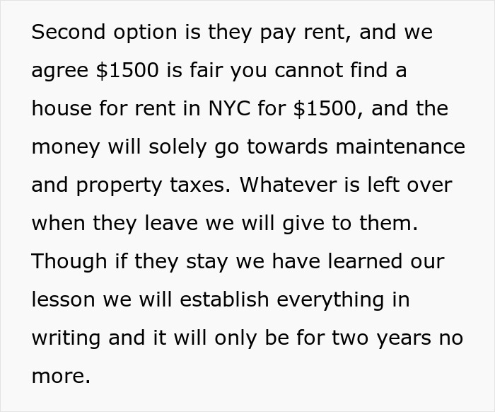 A screenshot discussing the option of paying rent for a house and maintenance, related to parents giving free housing.