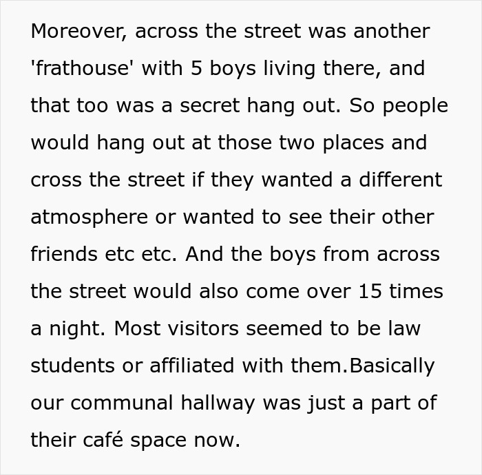 A screenshot of text describing multiple homes used by students for loud parties, creating a bar atmosphere. A screenshot of text describing multiple homes used by students for loud parties, creating a bar atmosphere.