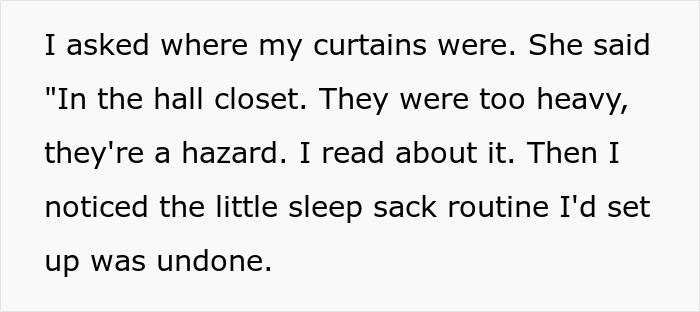 A text post discussing baby nursery safety concerns and changed curtains. A text post discussing baby nursery safety concerns and changed curtains.