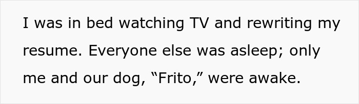 Text detailing a wife watching TV and rewriting her resume while her husband refuses to listen. Text detailing a wife watching TV and rewriting her resume while her husband refuses to listen.