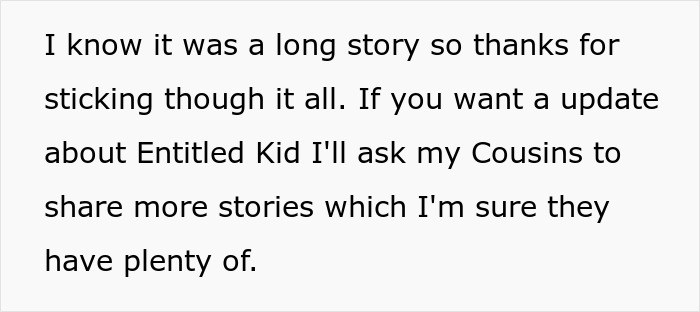Text thanking readers for sticking through Entitled Kid update story