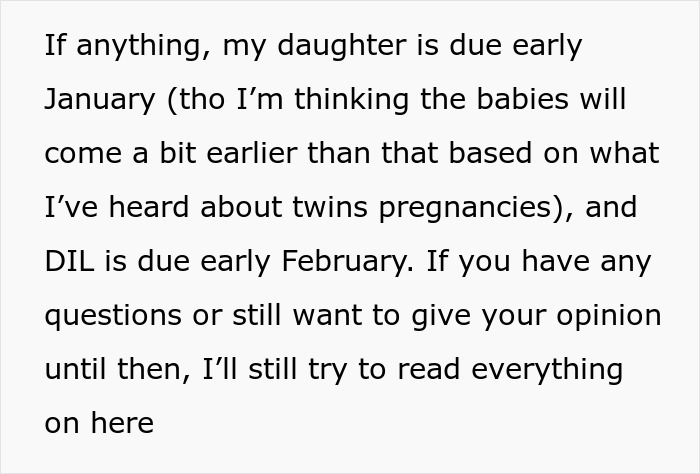 Screenshot of text comparing the due dates of a daughter with twins and a DIL. Screenshot of text comparing the due dates of a daughter with twins and a DIL.