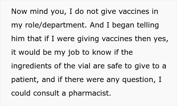 Text post explaining a nurse's professional view on safety, ingredients, and how to argue against vaccines misconceptions. Text post explaining a nurse's professional view on safety, ingredients, and how to argue against vaccines misconceptions.