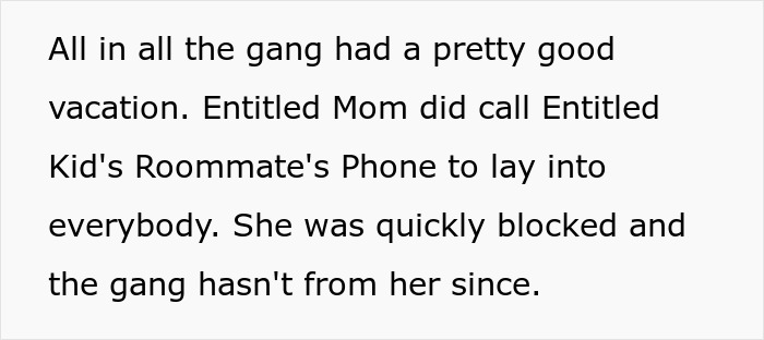 Text dialogue summarizing gang's vacation and mom's blocked calls to roommates