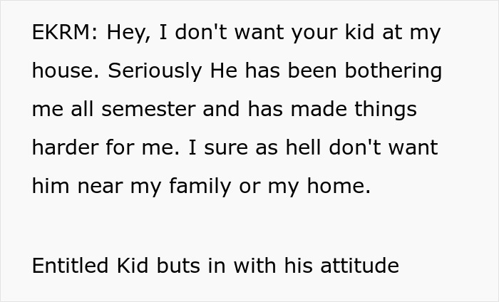 Text about mom not wanting kid at her house due to bothering family all semester