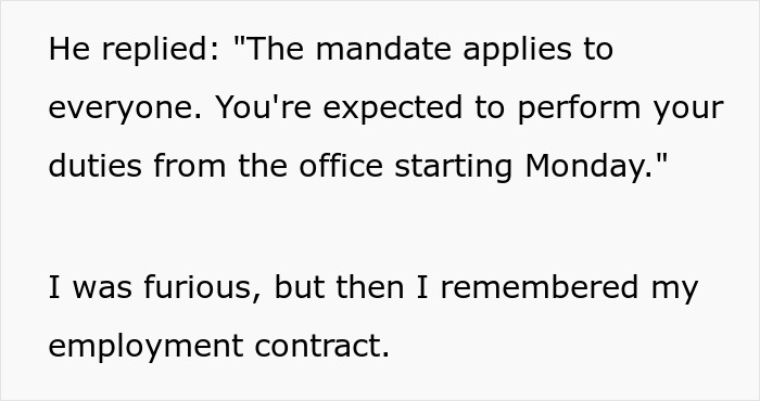 Screenshot of text showing the manager's refusal to compromise, insisting the employee return to HQ, making the employee furious. Screenshot of text showing the manager's refusal to compromise, insisting the employee return to HQ, making the employee furious.