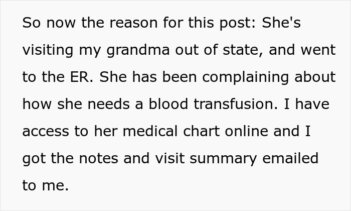 Toxic Mom neglects health for years, assuming a new kidney. She is at the ER, needs a blood transfusion.