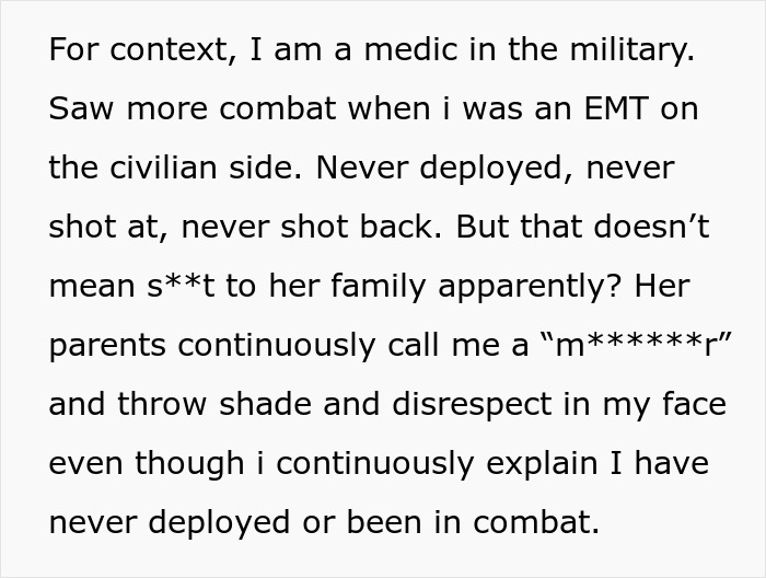 Text detailing a military medic's experience and the parents' attempts to ruin their daughter's boyfriend's reputation. Text detailing a military medic's experience and the parents' attempts to ruin their daughter's boyfriend's reputation.