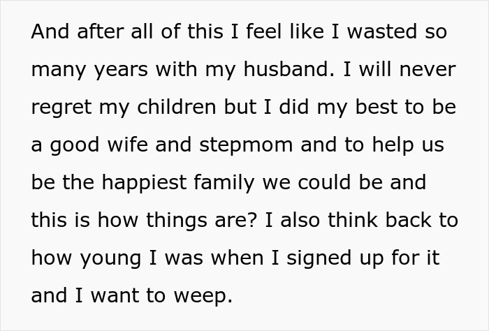 A screenshot of a text post expressing the stepmom&rsquo;s regret and disappointment about her husband&rsquo;s reaction.