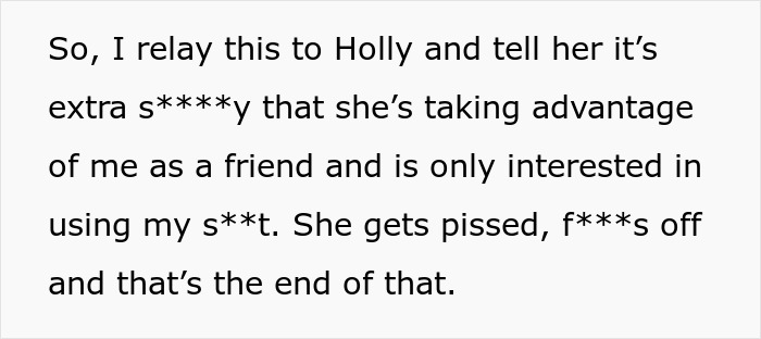 Text explaining how a fake friend took advantage of a woman's kindness.