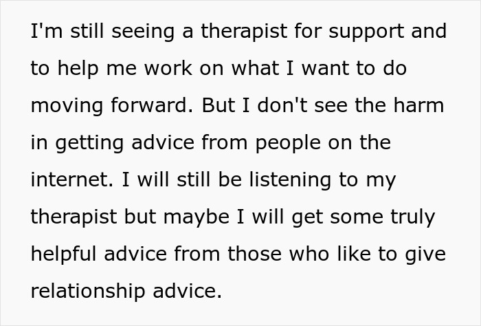 A screenshot of a text post where a stepmom mentions seeing a therapist after false CPS allegations.
