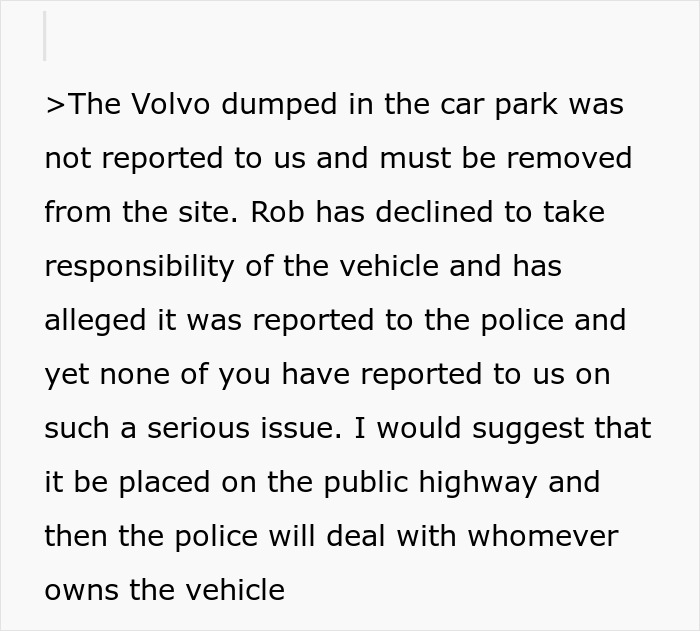 Text about a landlord refusing to return a deposit over a car, specifically a dumped Volvo not reported. Text about a landlord refusing to return a deposit over a car, specifically a dumped Volvo not reported.