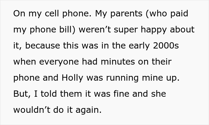Black text detailing how a fake friend continues taking advantage of a woman by running up her phone bill.