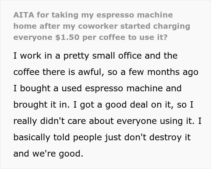 Social media post asking about taking home a coffee machine after a coworker charged money for its use.