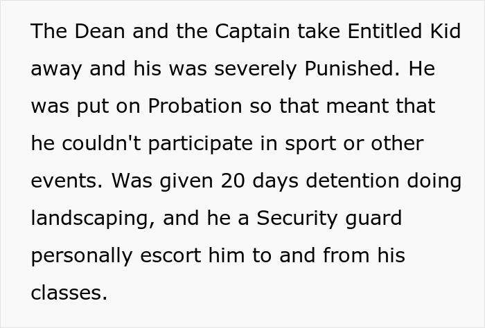Text dialogue about entitled kid's severe punishment and probation at school